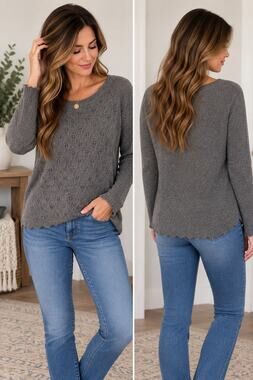 LOFT Outlet Gray Pointelle Knit Sweater Long Sleeve Lightweight Pullover L